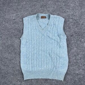 Thane Sweater Vest Mens Size L Blue Shetland Wool Cable Knit V-Neck Preppy Good